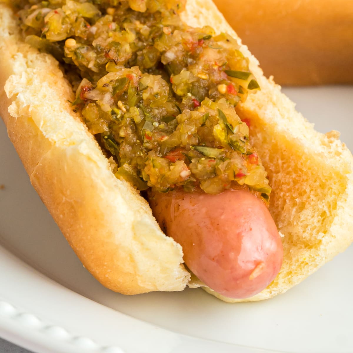 No Name Sweet Green Relish, 750ml, relish on a hot dog.