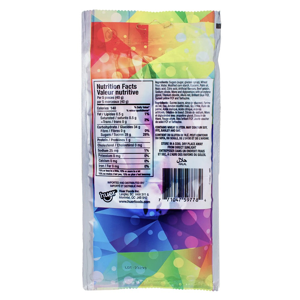 Huer Sour Rainbow Creme Whips Gummy Candy, 70g/2.5 oz., back of bag.