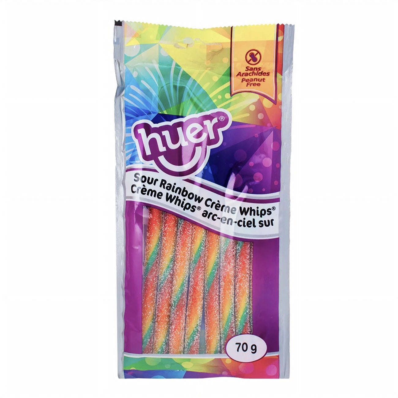 Huer Sour Rainbow Creme Whips Gummy Candy, 70g/2.5 oz., front of bag.