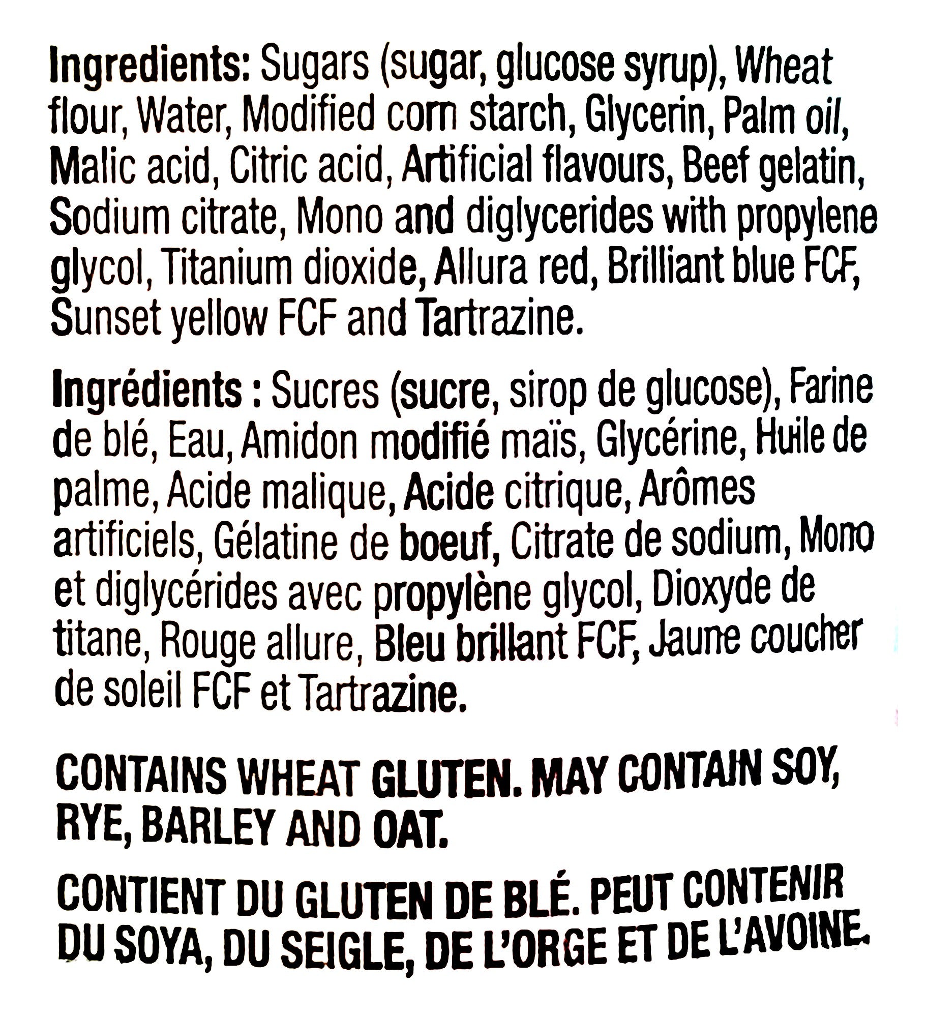 Huer Sour Rainbow Creme Whips Gummy Candy, 70g/2.5 oz., ingredients label.