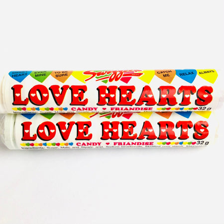 Swizzels Love Hearts Rockets Candy Rolls, 50 Rolls/3.8 lb. Tub, two rolls of love hearts sweets.