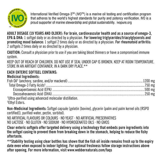 Kirkland Signature Super Concentrate Omega-3 Fish Oil 1200mg, EPA 500/DHA 250mg, 330 Clear enteric softgels