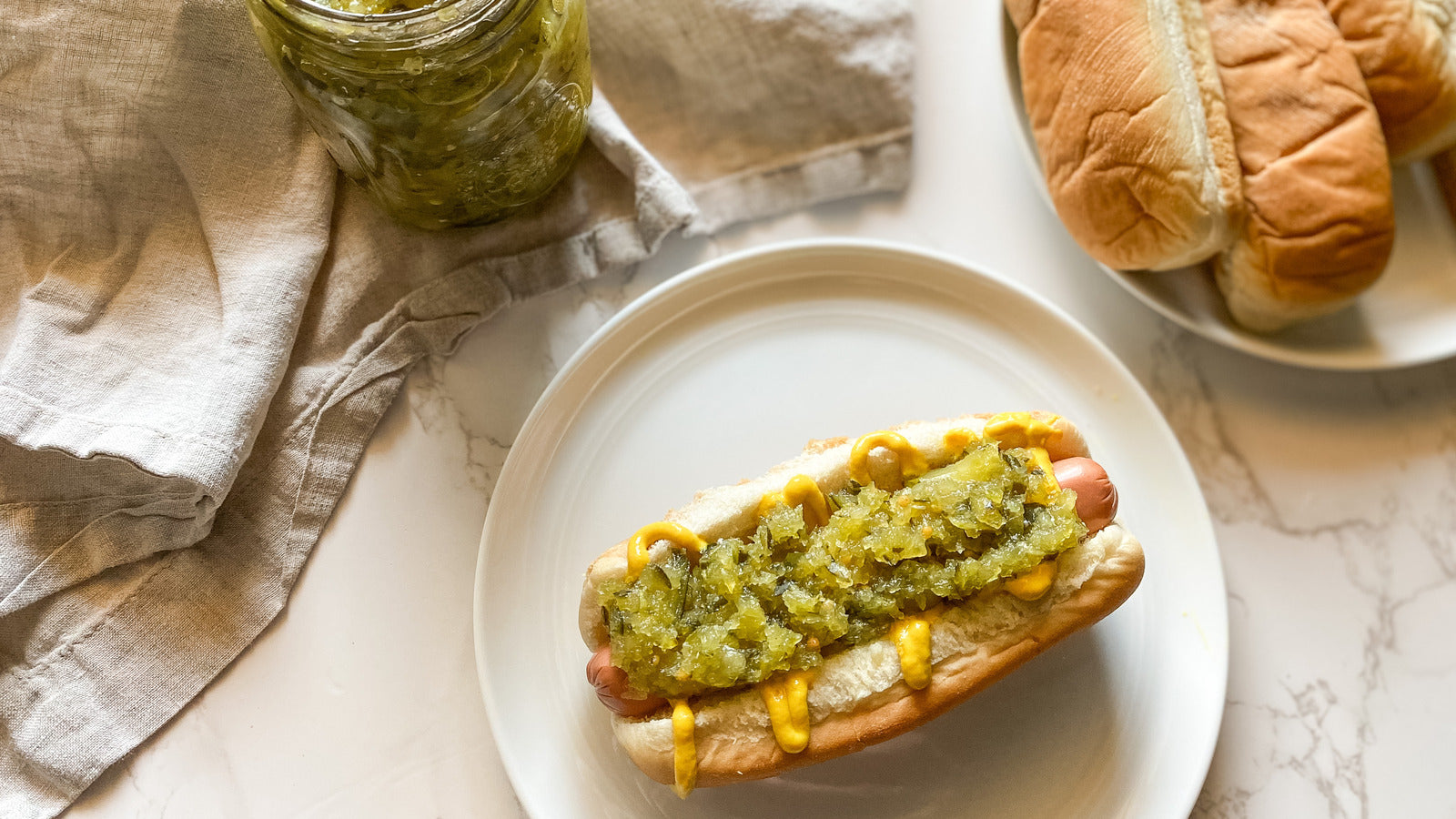 No Name Sweet Green Relish, 750ml, relish on a hot dog.