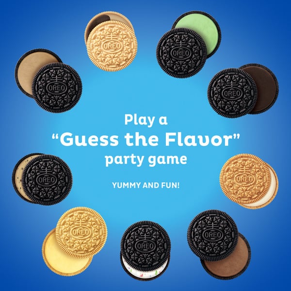 OREO cookies arranged in a circular pattern with text on a blue background