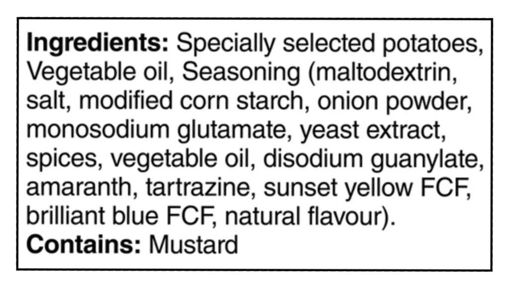 List of ingredients for Lay's Fries'n Gravy Flavored Potato Chips, Snack-Size Lay's Chips - 40g/1.4 oz with a black border 