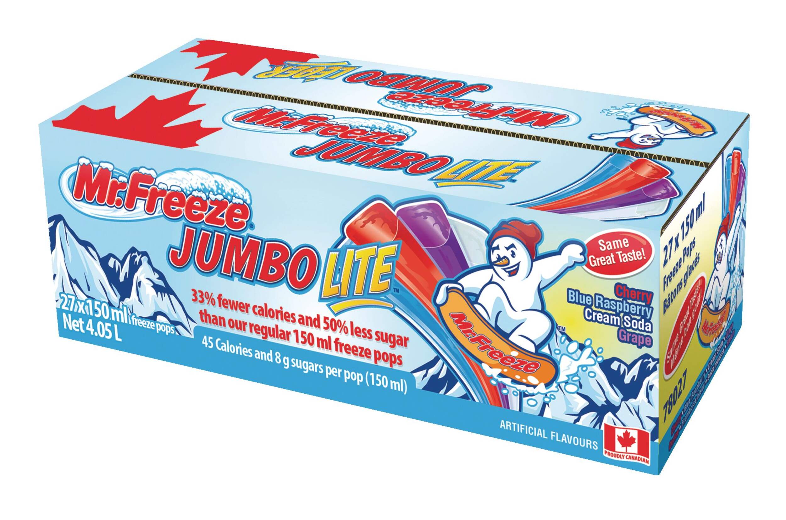Mr. Freeze, Jumbo Lite Freezies, Ice Pops, 27x150ml, front of box.