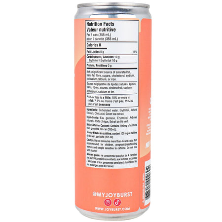 NoSugar Company Joyburst Energy Drink, Peach Mango Flavor, 355mL/12.4 oz. Can {Imported from Canada}