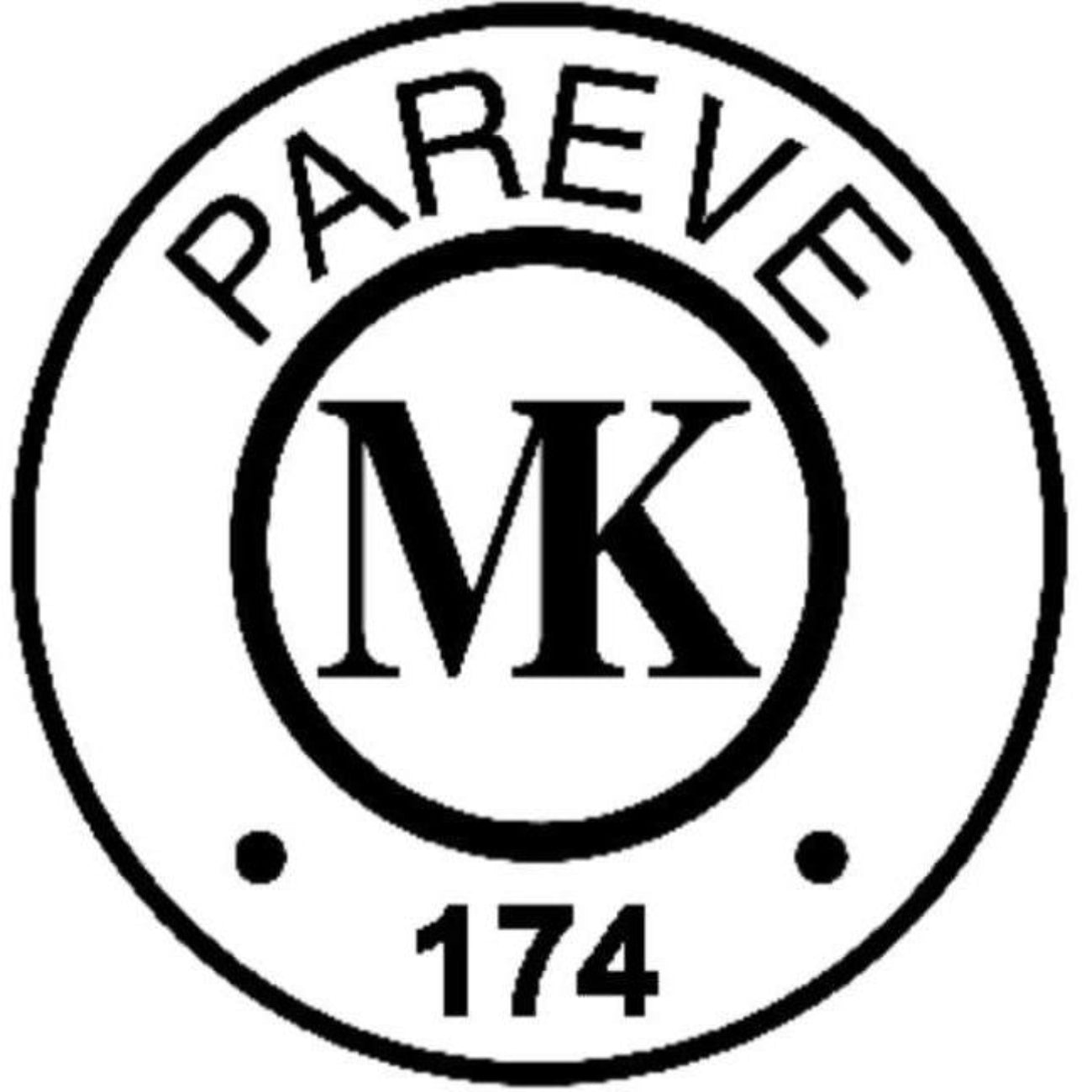 Circular logo with 'PAREVE' at the top and 'MK' in the center, with number '174' below on a white background.