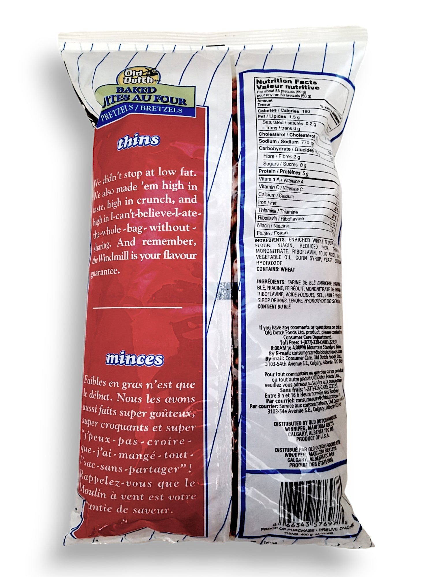 Old Dutch Baked Thins Pretzels, 400g/14.1 oz. Bag, back of bag