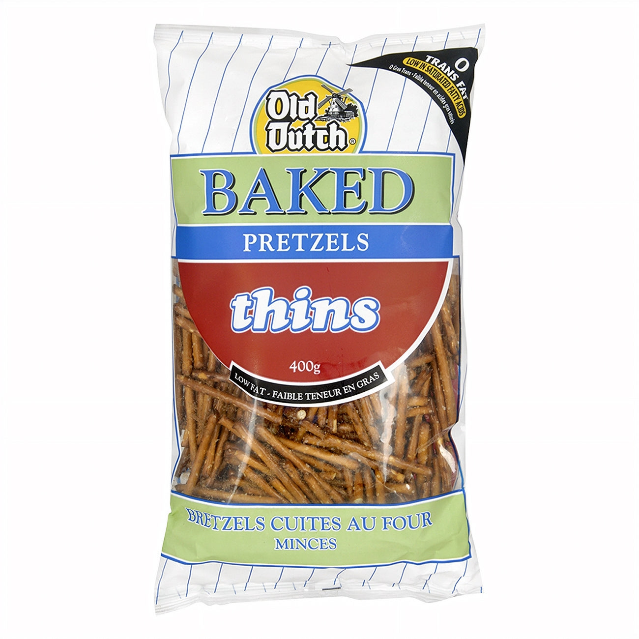 Old Dutch Baked Thins Pretzels, 400g/14.1 oz. Bag, front of bag.