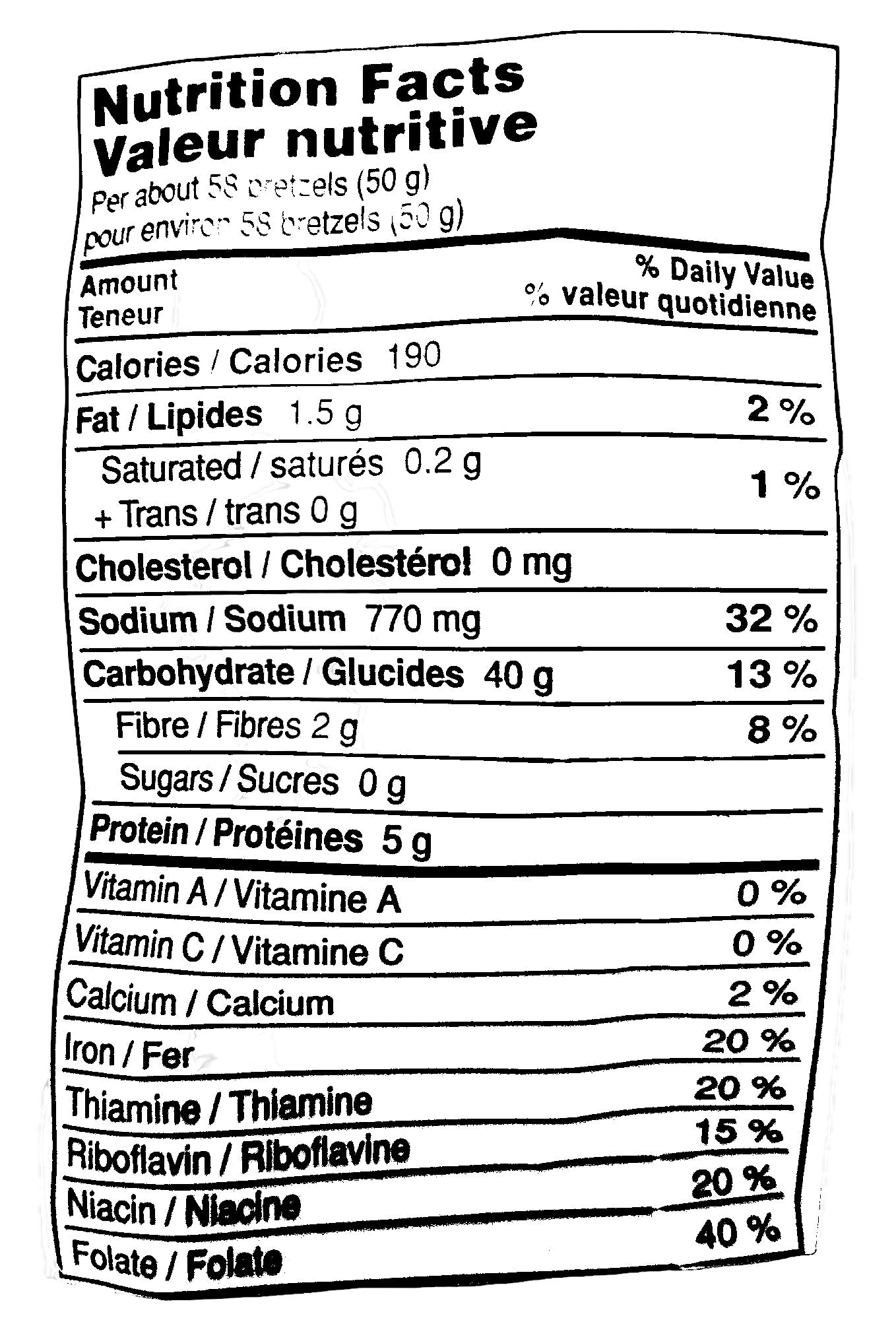 Old Dutch Baked Thins Pretzels, 400g/14.1 oz. Bag, nutrition label.