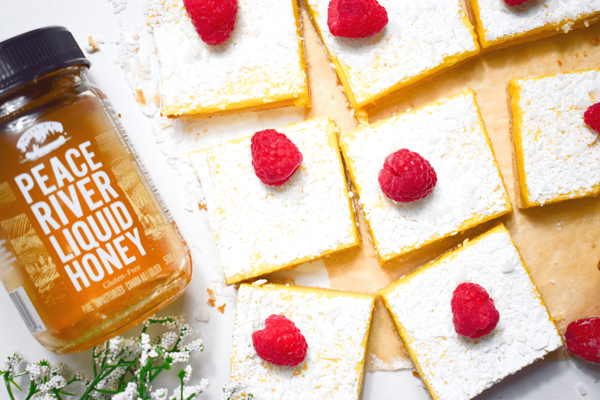 Peace River Unpasteurized Liquid Honey, 500g/17.6 oz., Jar, lemon bars sweetened with honey.