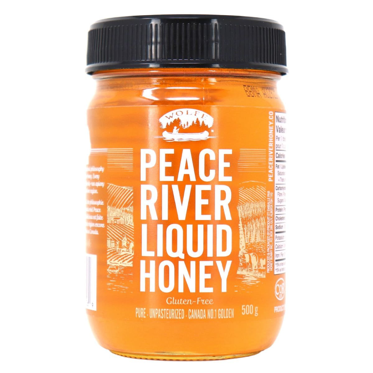 Peace River Unpasteurized Liquid Honey, 500g/17.6 oz., Jar, front of jar.