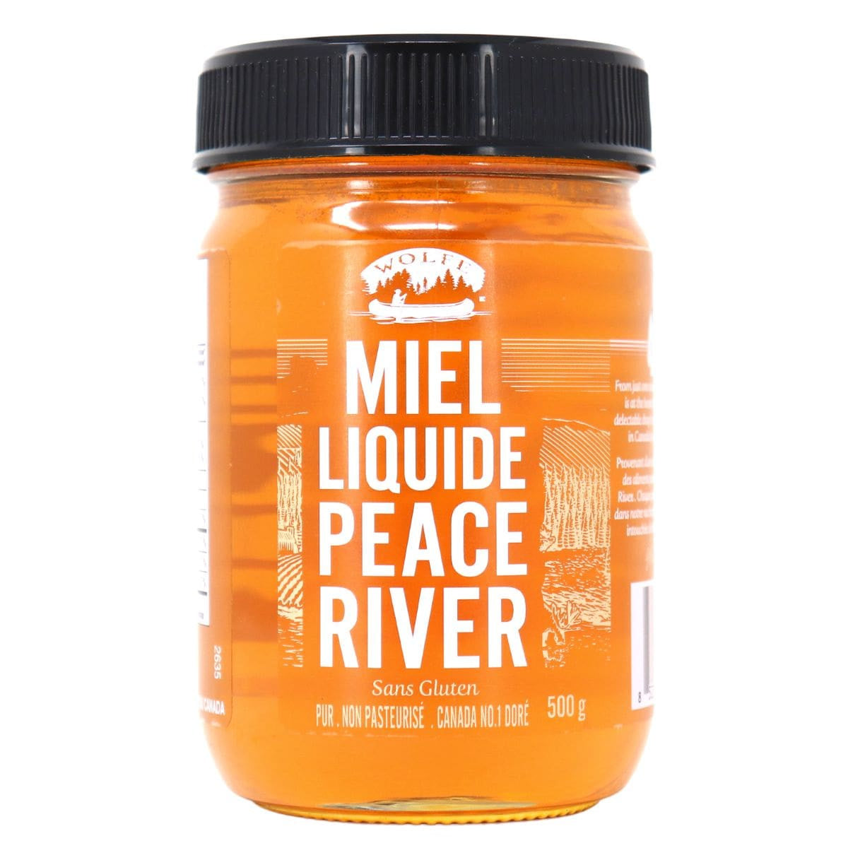 Peace River Unpasteurized Liquid Honey, 500g/17.6 oz., Jar, back of jar.