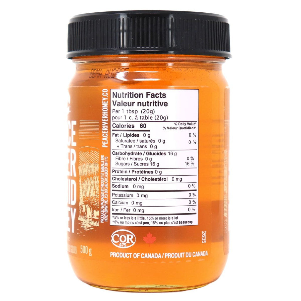 Peace River Unpasteurized Liquid Honey, 500g/17.6 oz., Jar, side of jar.