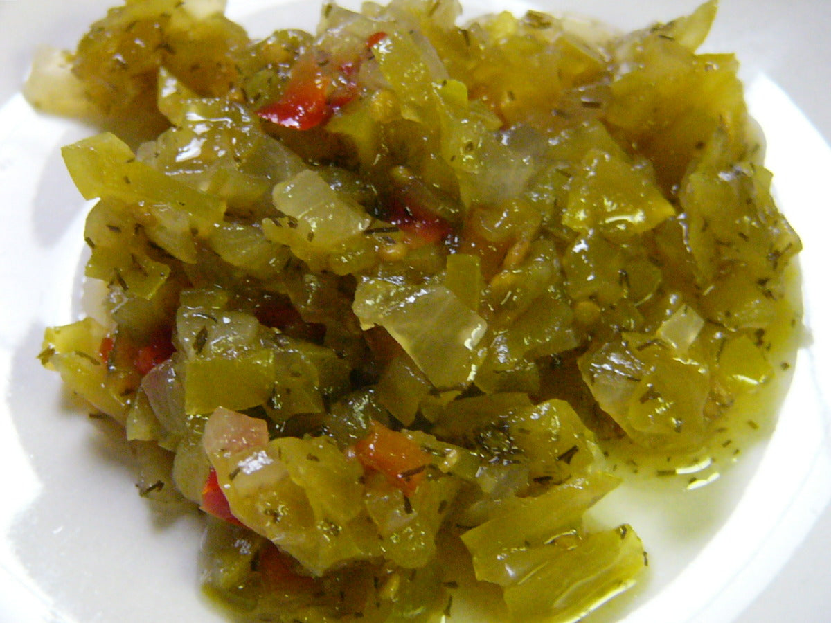 Bicks Sweet Green Relish, 375mlrelish in a bowl.