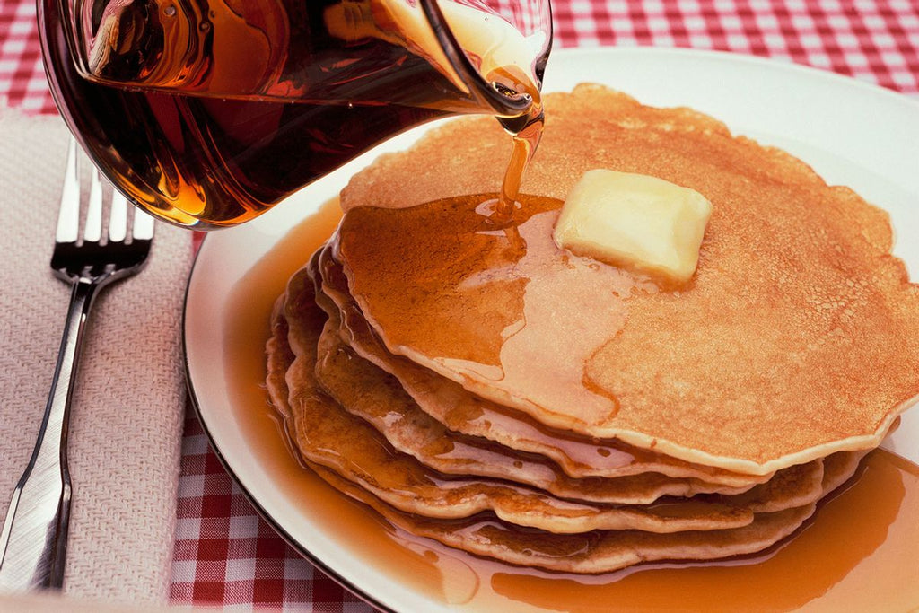 The Maple Treat Organic Maple Syrup 750mL/25.4 oz., Bottle, syrup on pancakes.