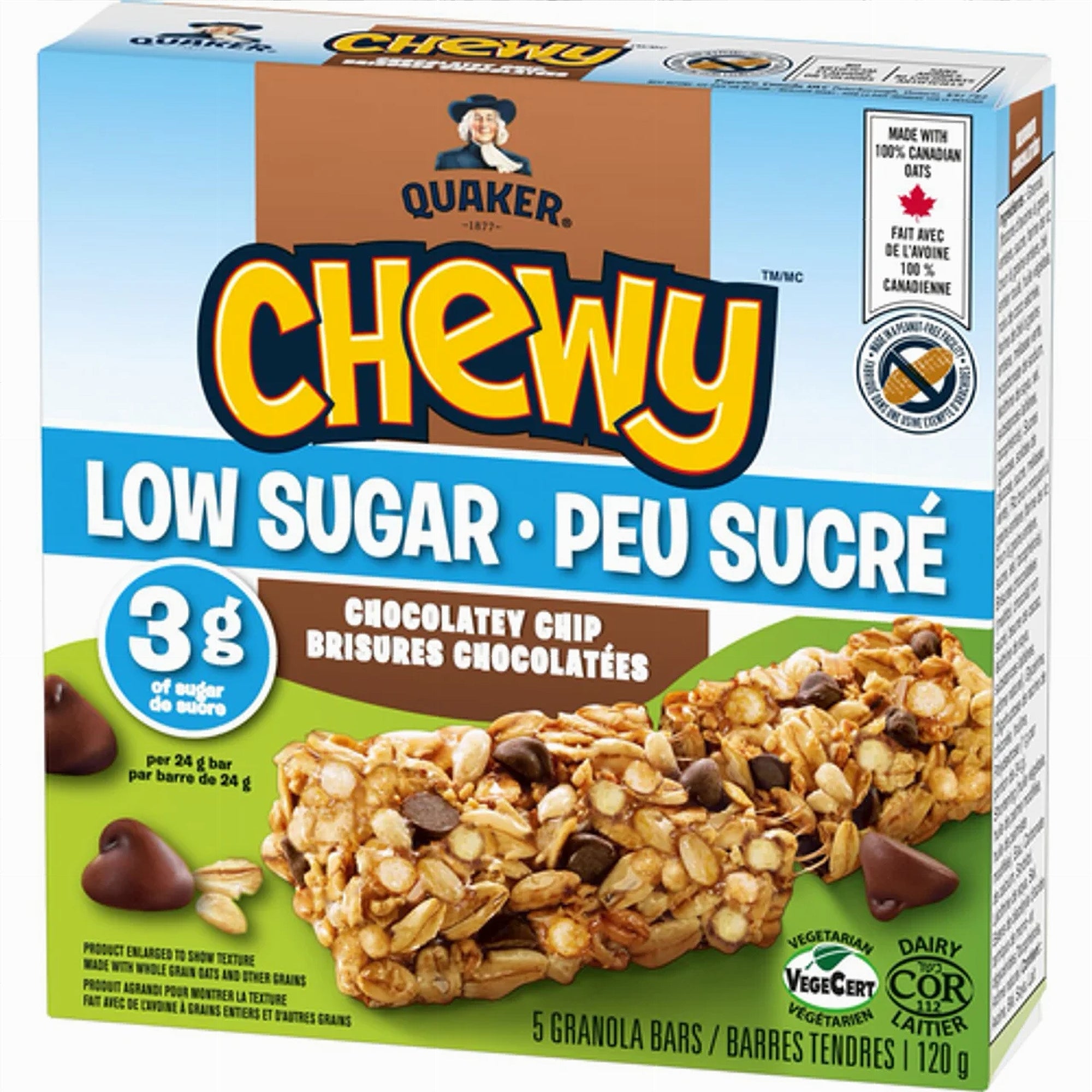 Quaker Chewy Chocolatey Chip Low Sugar Granola Bars 120g – angled product view