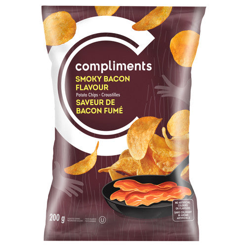 Compliments Smokey Bacon Potato Chips, 200g/7.1 oz.Bag, {Imported from Canada}