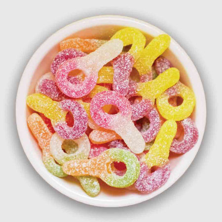 Carnaby Rainbow Sours Gummies, 550g, picture of sour keys in a bowl.