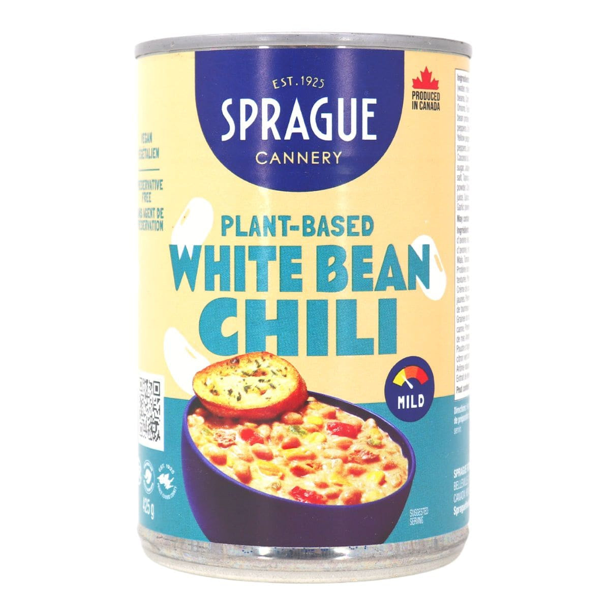 Sprague Cannery Plant-Based White Bean Chili, Ready to Eat, 425g/15 oz., Can, front of can.