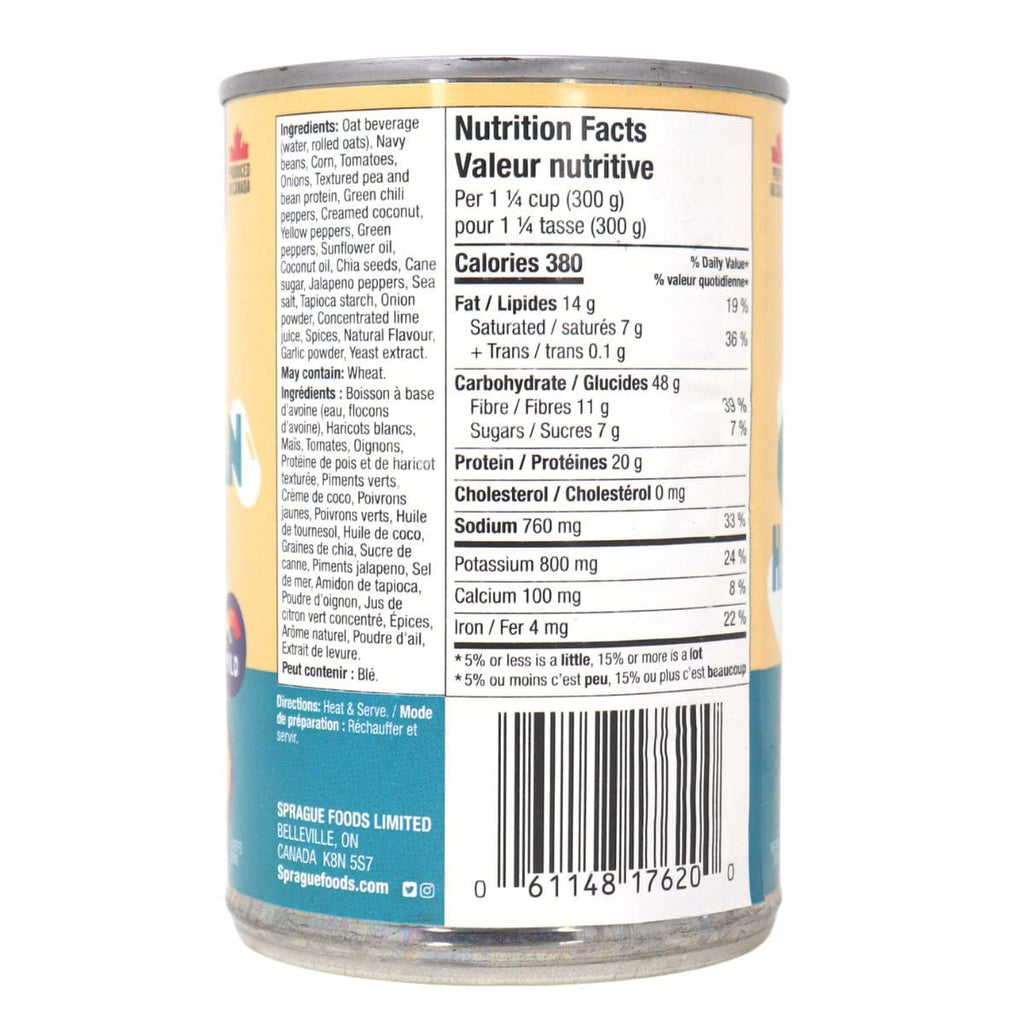 Sprague Cannery Plant-Based White Bean Chili, Ready to Eat, 425g/15 oz., Can, side of can.