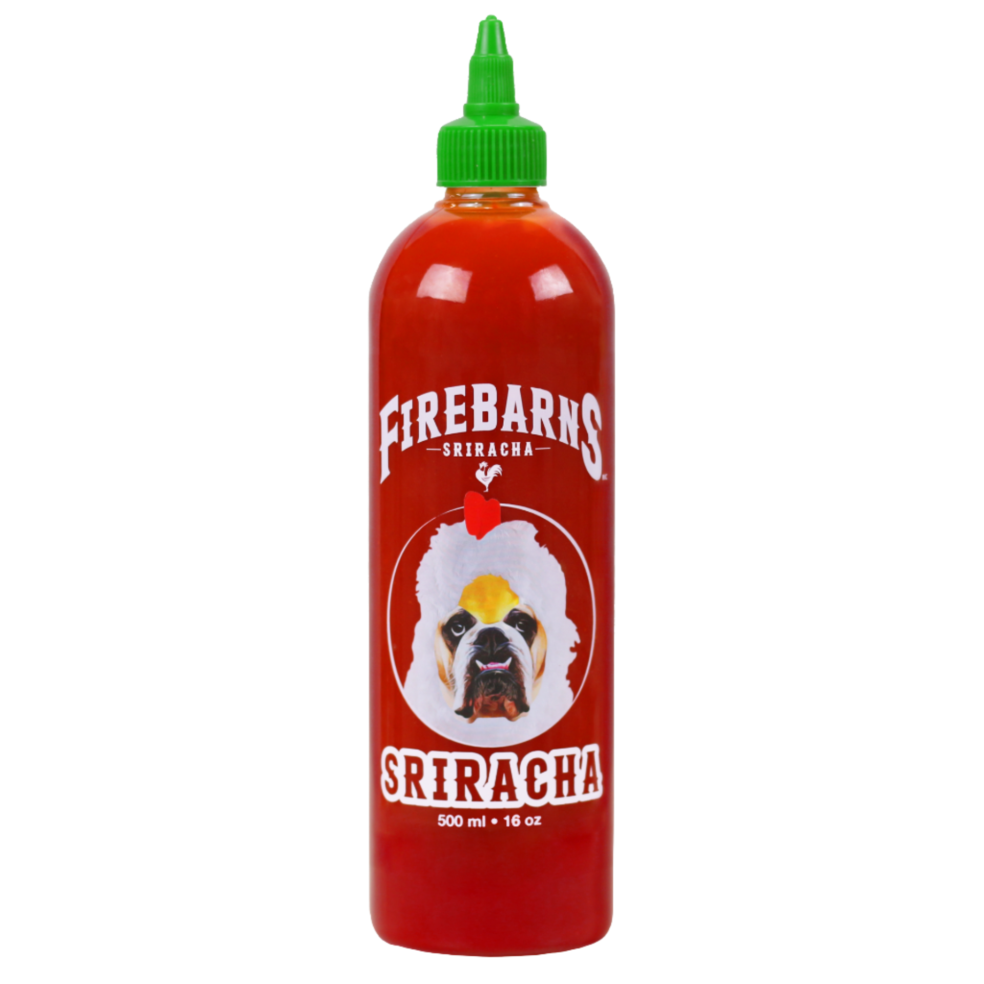 Firebarns Sriracha Sauce, 500ml, front of bottle.