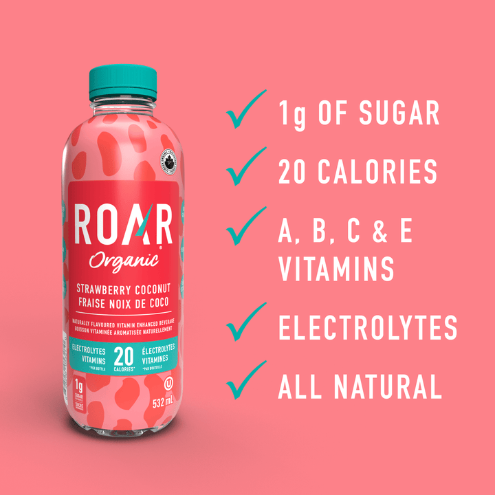 Roar Organic Strawberry Coconut Vitamin Enhanced Beverage, 532mL/18.6 fl. oz., Bottle {Imported from Canada}