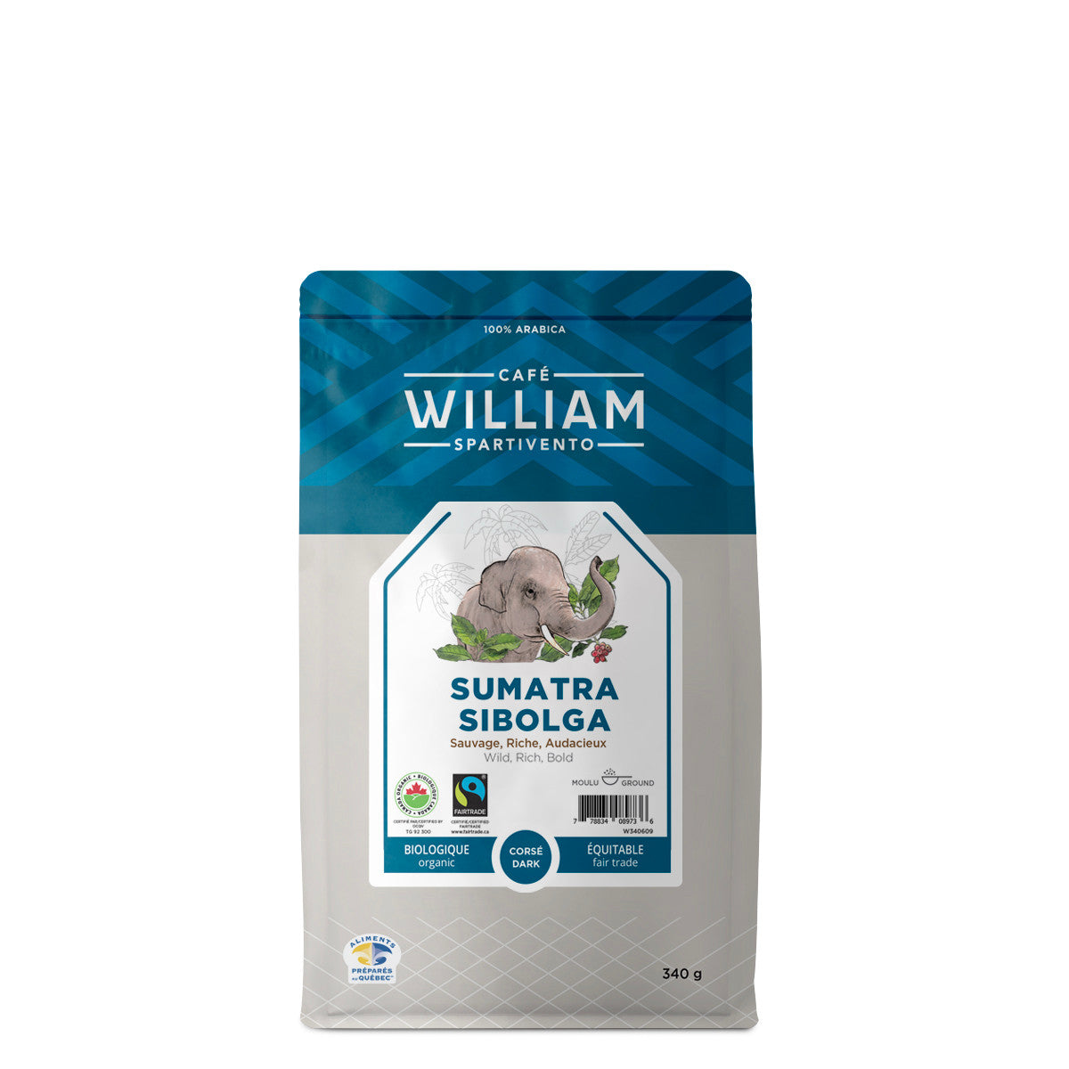 Cafe William Organic Sumatra Dark Ground Coffee, 340g/12 oz. Bag {Imported from Canada}