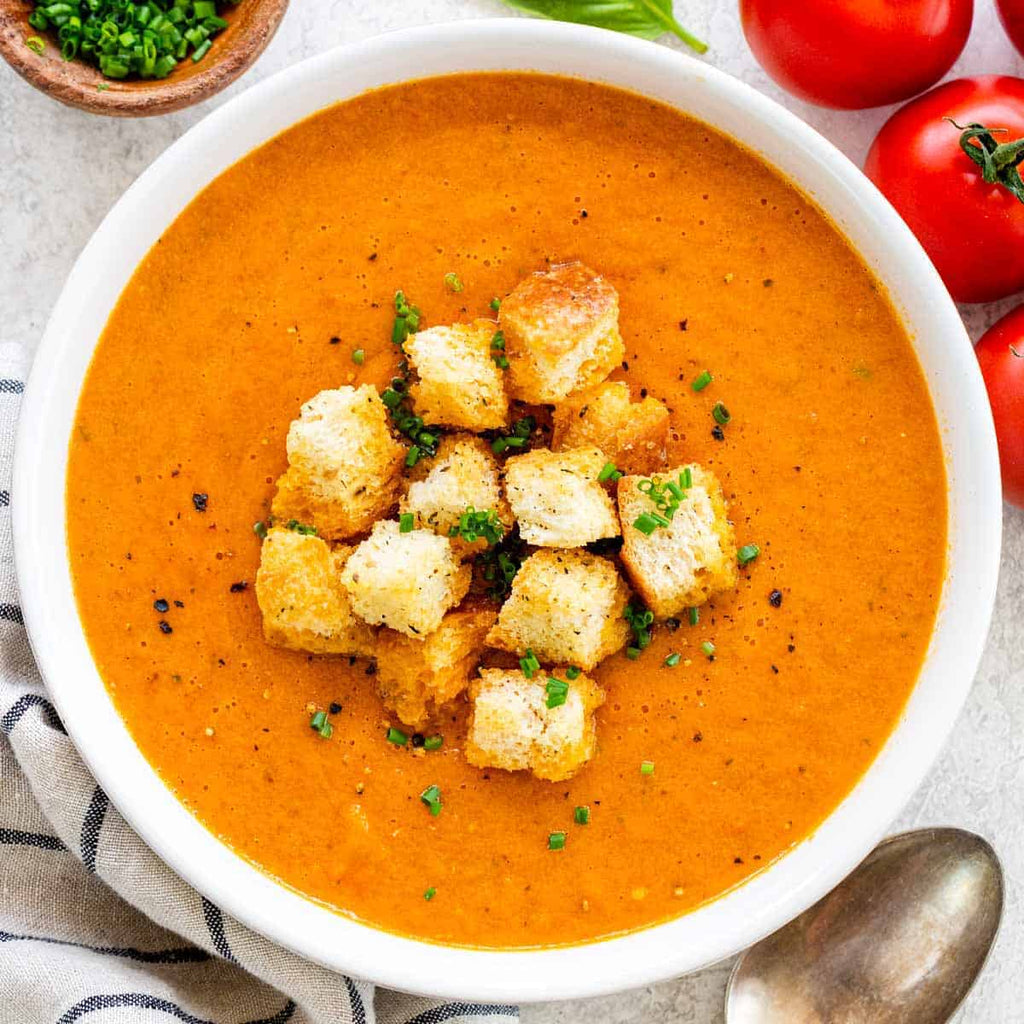 Boulangerie Grissol Croutons, Creamy Caesar 135g, croutons on tomato soup.