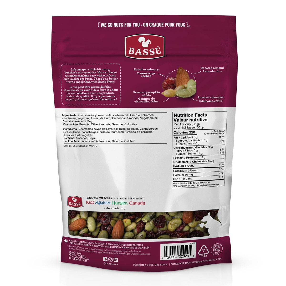 Basse Edamame Power Mix, 440g back of bag.