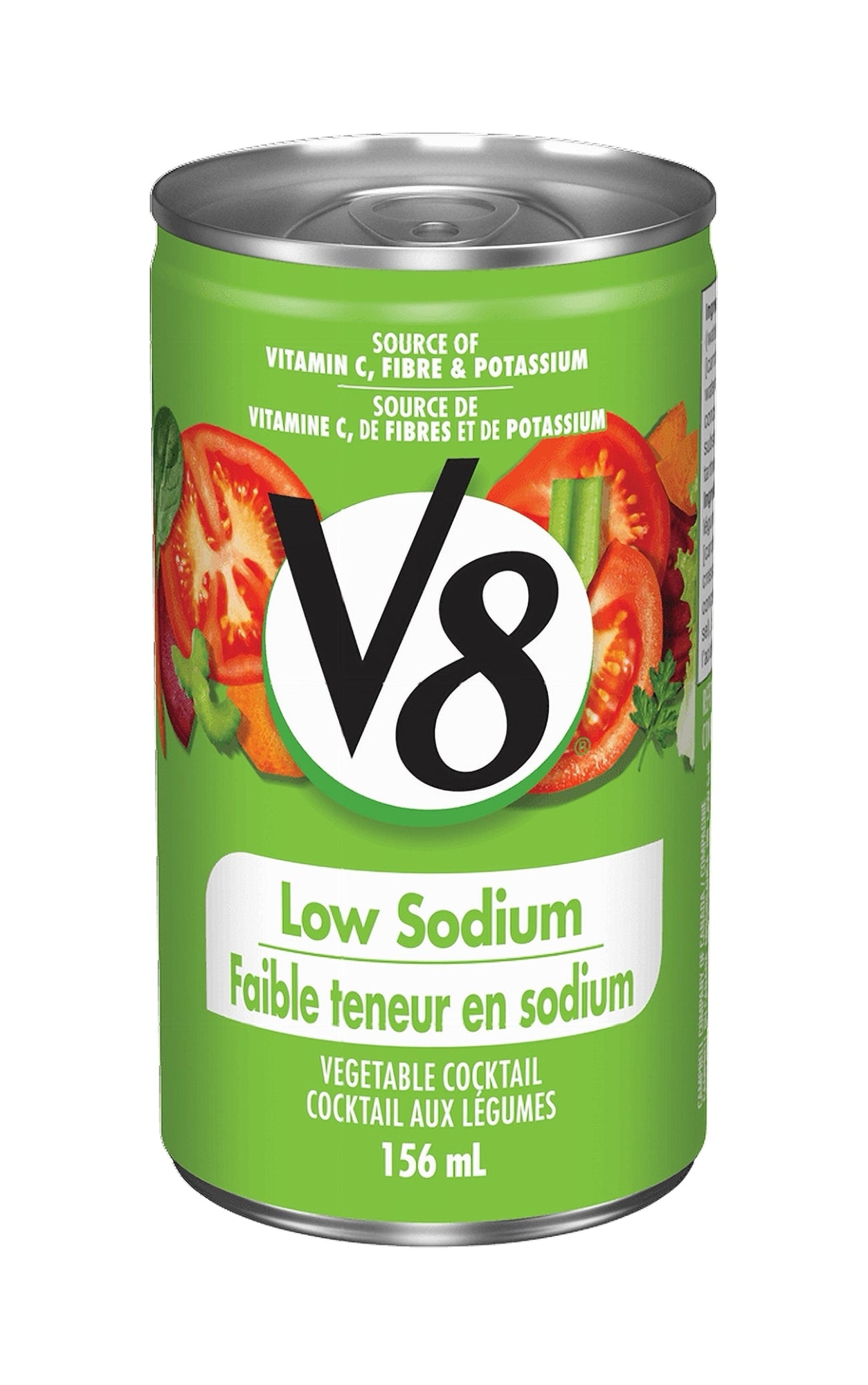 V8 low sodium vegetable cocktail can with tomatoes on a white background