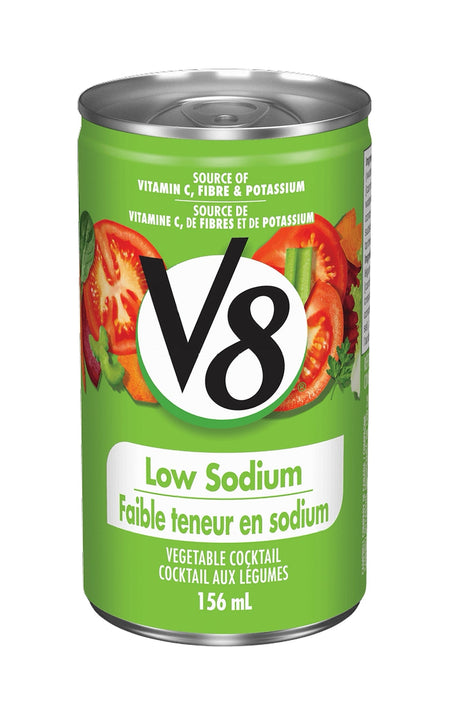 V8 low sodium vegetable cocktail can with tomatoes on a white background
