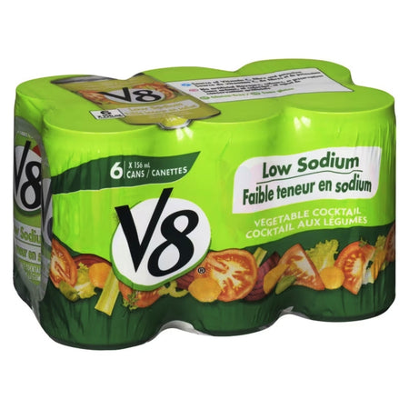 Pack of V8 low sodium vegetable cocktail on a white background