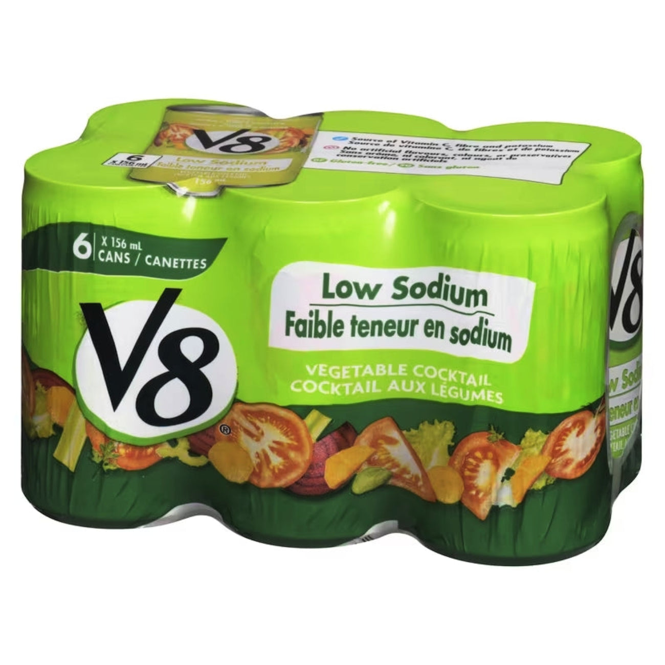 Pack of V8 Low Sodium Vegetable Cocktail on a white background