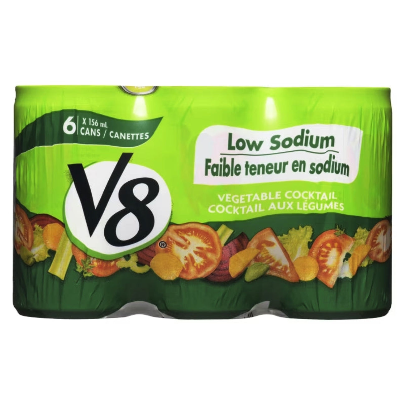 Packaging of V8 low sodium vegetable cocktail with green and white design.