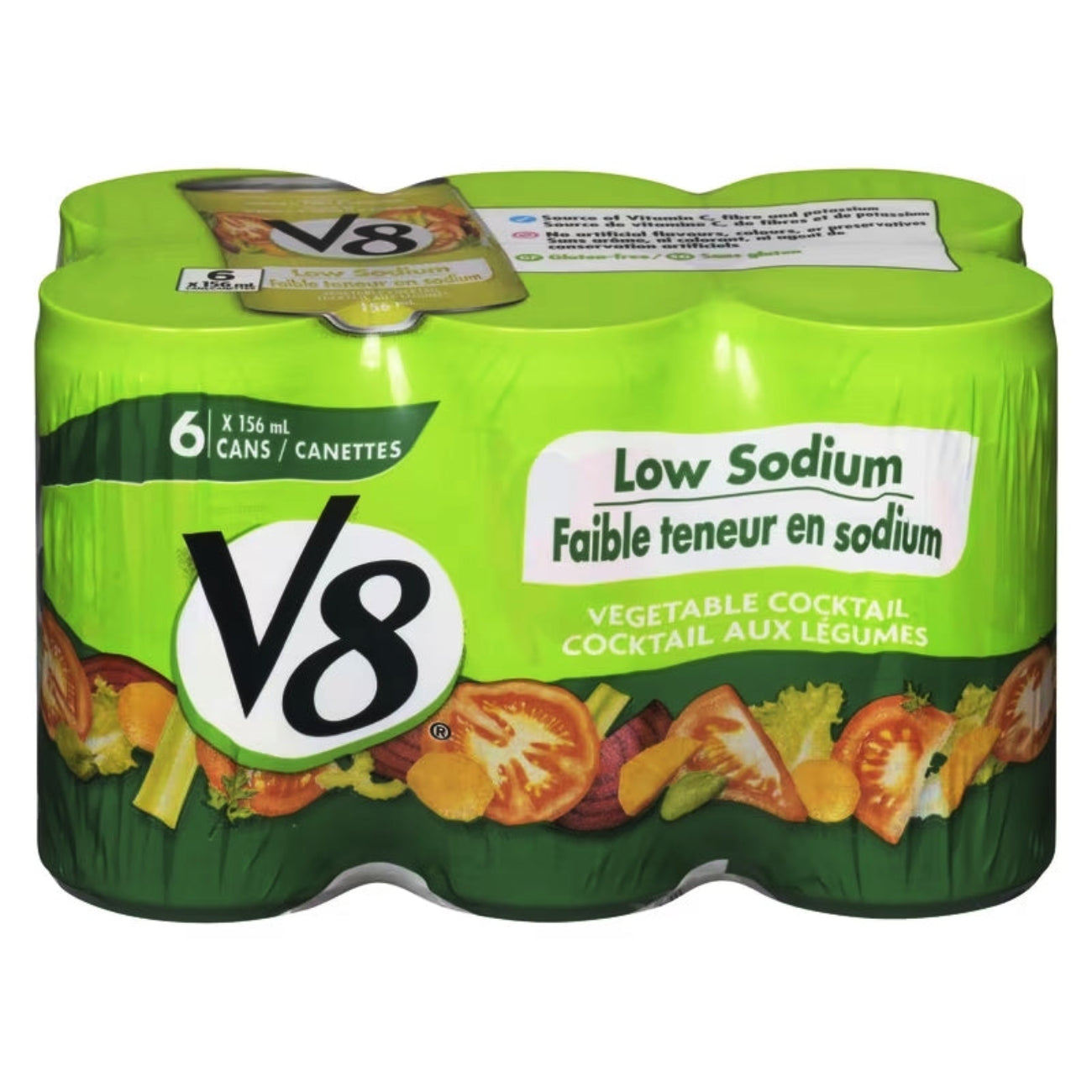 Pack of V8 low sodium vegetable cocktail cans on a white background