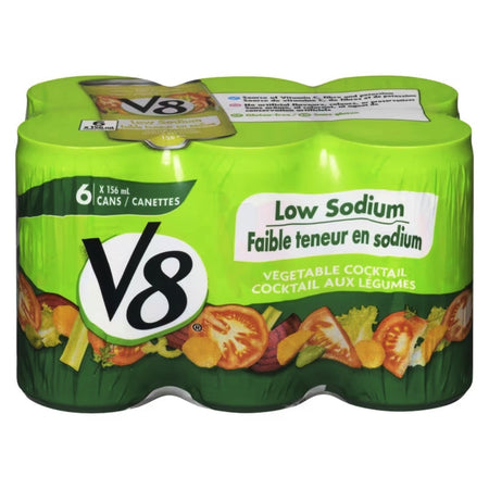 Pack of V8 low sodium vegetable cocktail cans on a white background