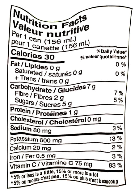 Nutrition facts label for V8 Low Sodium Vegetable Cocktail Juice with various nutritional values listed.