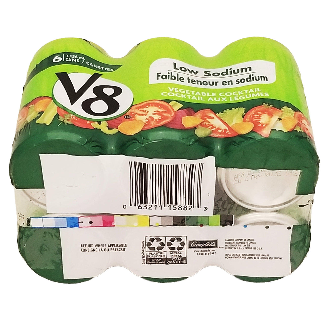V8 vegetable cocktail packaging with green lid and colorful label