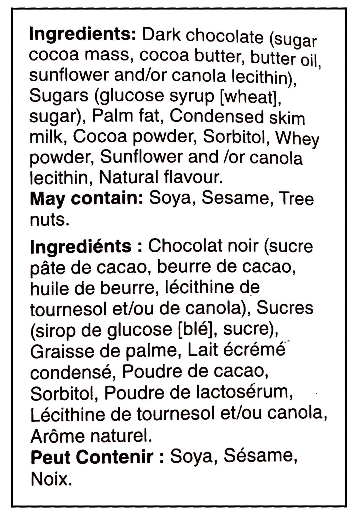 Ingredients label of Waterbridge Gold Butter Toffee Candy, Soft Caramel Enrobed In Dark Chocolate, 150g/5.3 oz., Box 