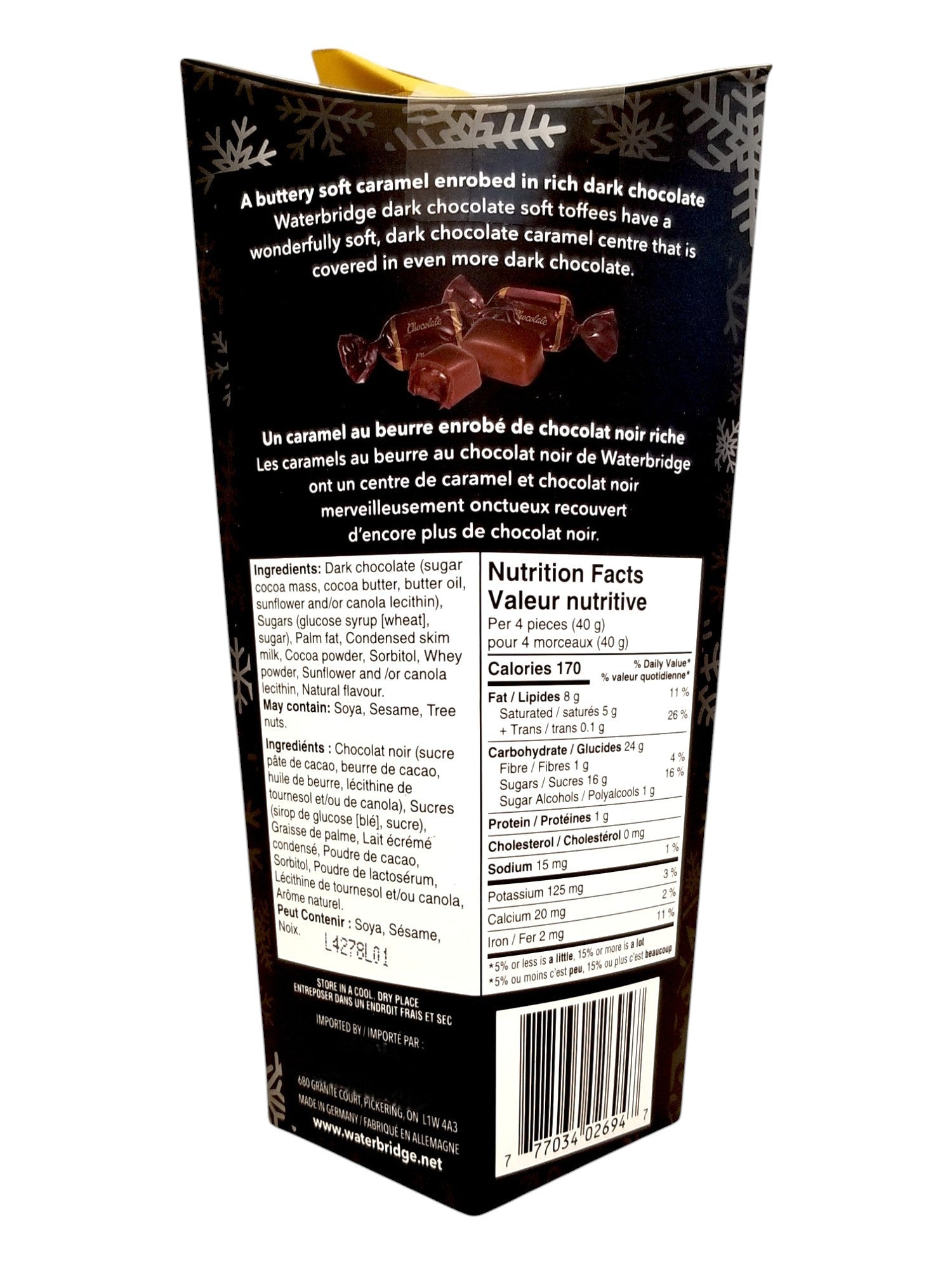 Back of Waterbridge Gold Butter Toffee Candy, Soft Caramel Enrobed In Dark Chocolate, 150g/5.3 oz., Box