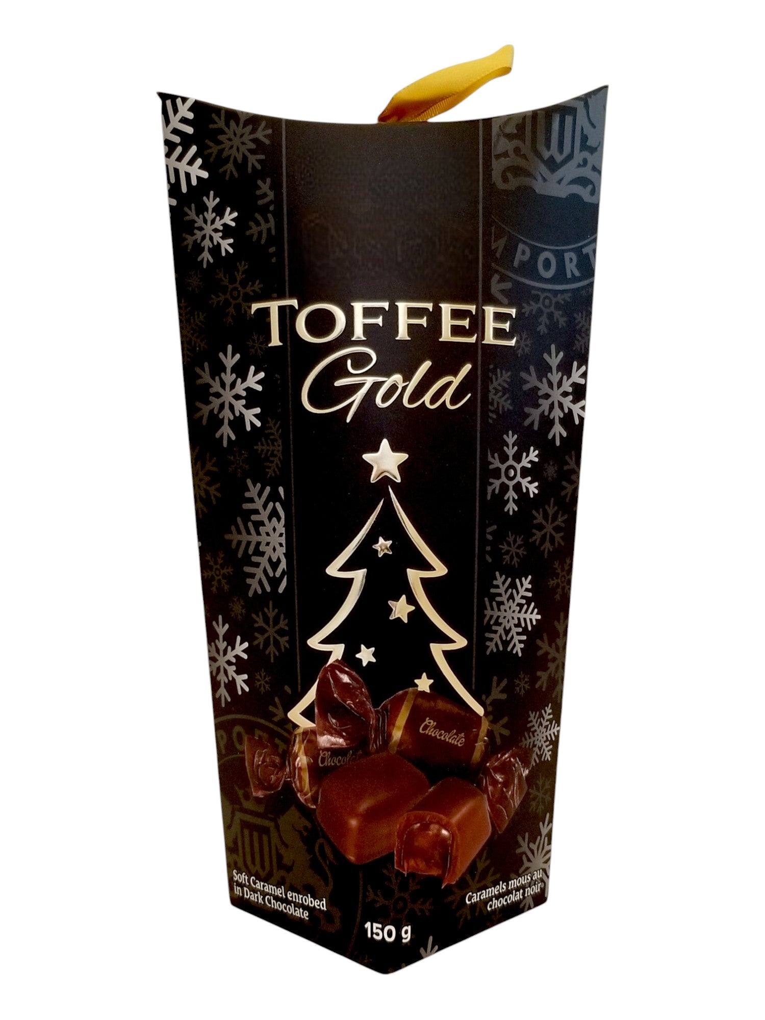 Front of Waterbridge Gold Butter Toffee Candy, Soft Caramel Enrobed In Dark Chocolate, 150g/5.3 oz., Box