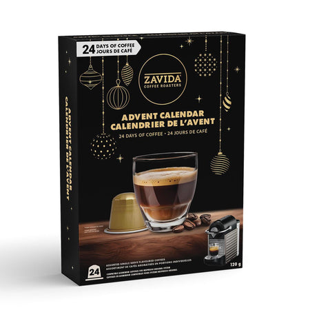 Front of Zavida 24 Days of Coffee Advent Calendar, Assorted Single Serve Coffee Flavors, 24 Espresso Aluminum Capsules, Compatible For Nespresso Original System, 120g/4.2 oz. Box